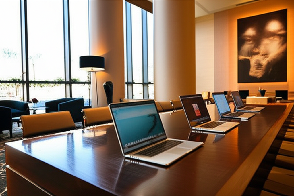 Hotel lobby with laptops